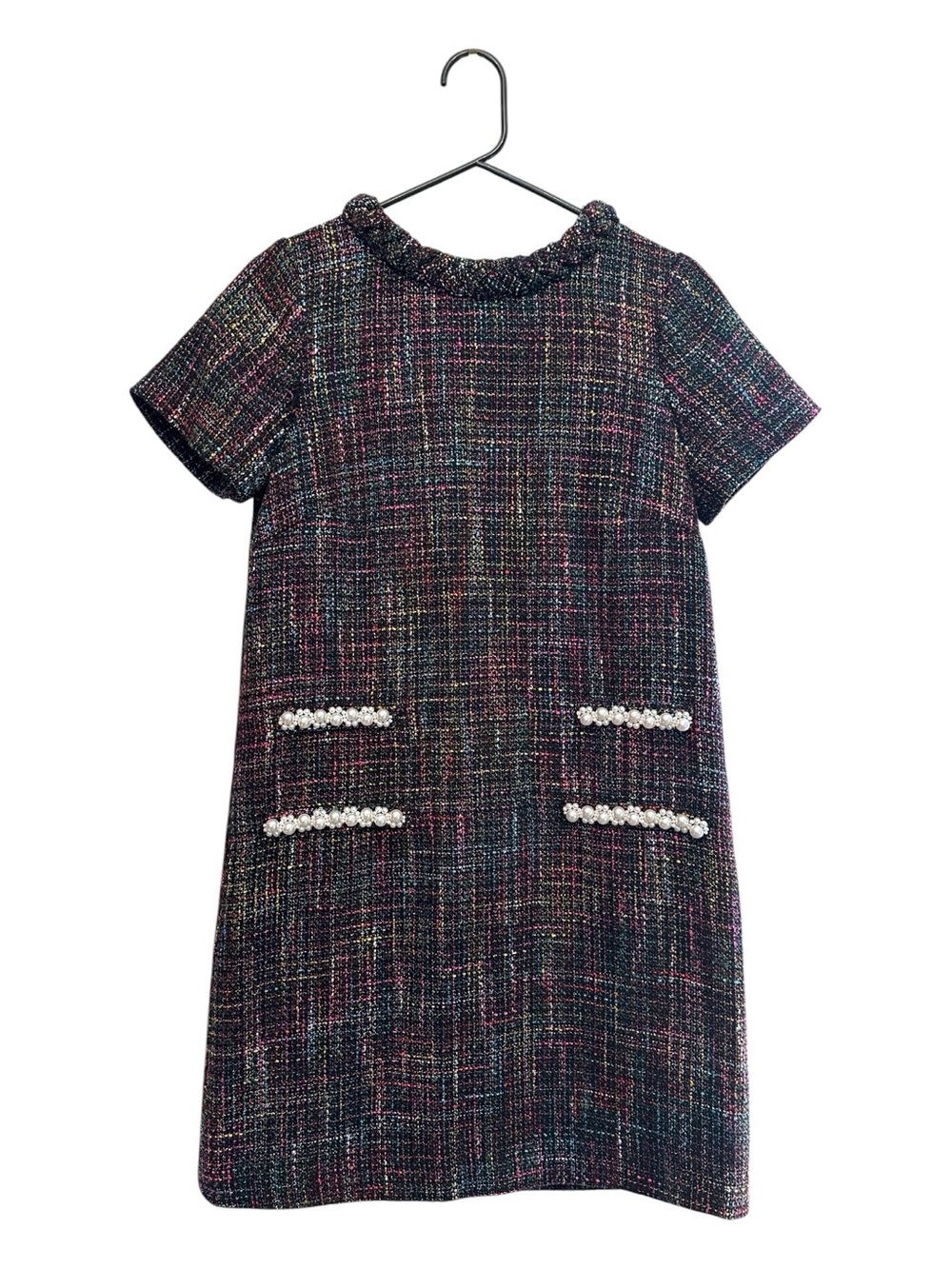 Tuckernuck Multicolor Tweed Shift Dress with Pearl Pocket Trim Detail XS